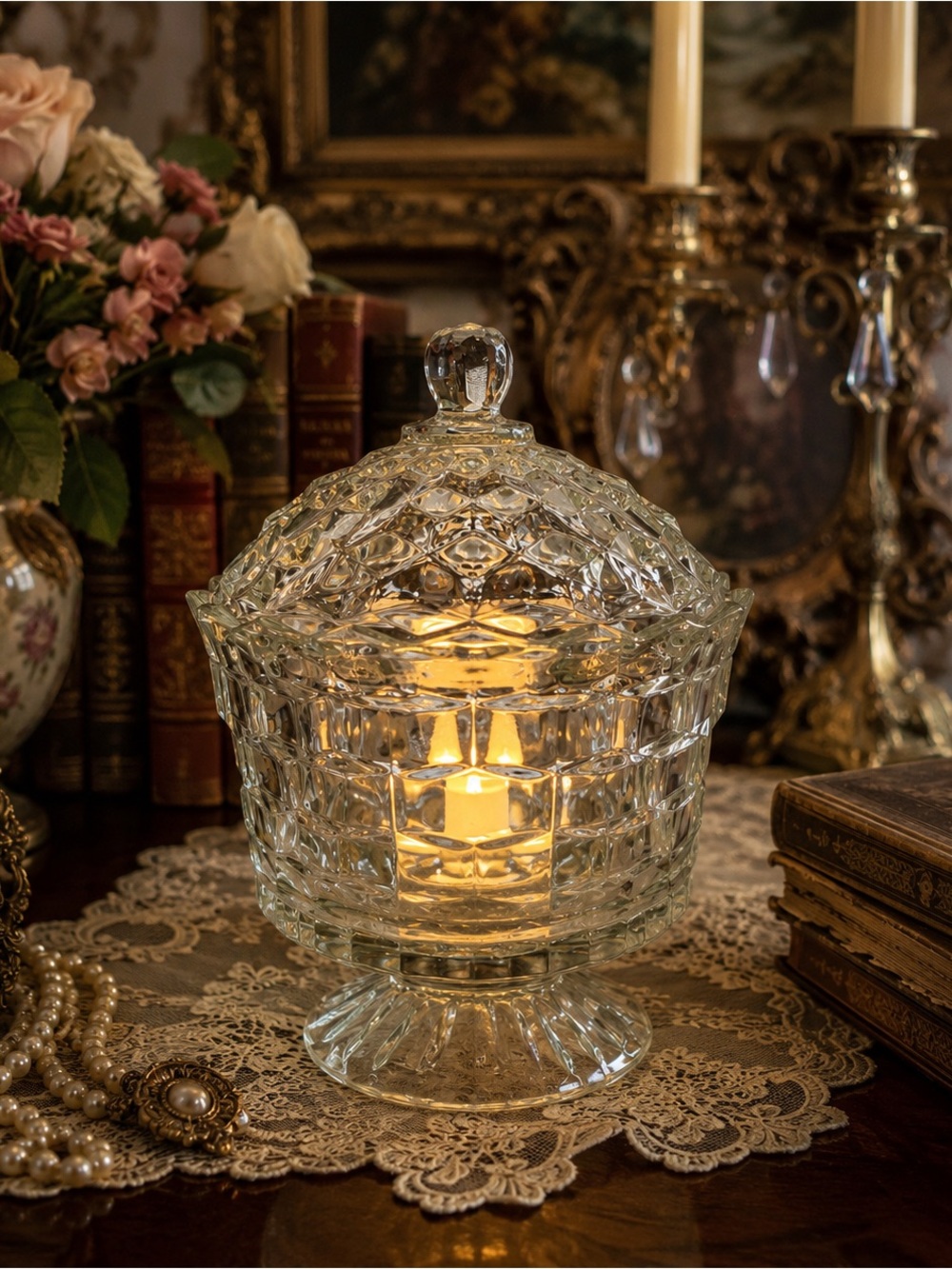 Vintage Crystal Pedestal Compote Fairy Lamp | Elegant Lidded Glass | Cottagecore